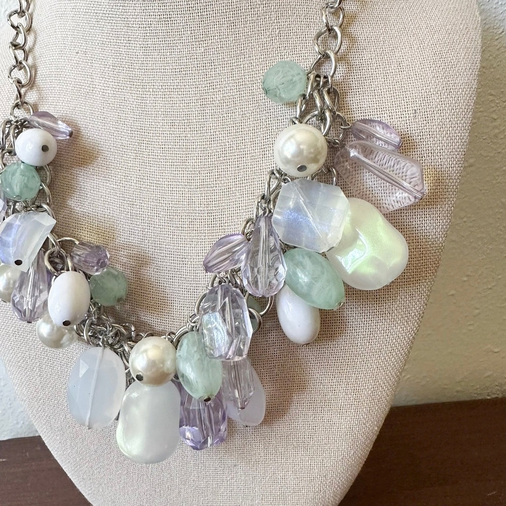 Pastel Beaded Statement Necklace Silver Chain Bib Seaglass Mermaid Y2K Chunky - Picture 4 of 10